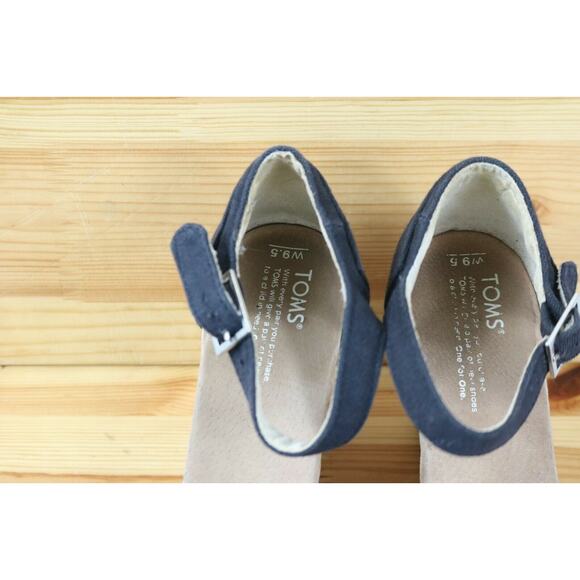 Toms Womens 9.5 Navy Blue Canvas Strappy Wedge Heel Sandals Ankle Strap - Picture 3 of 9